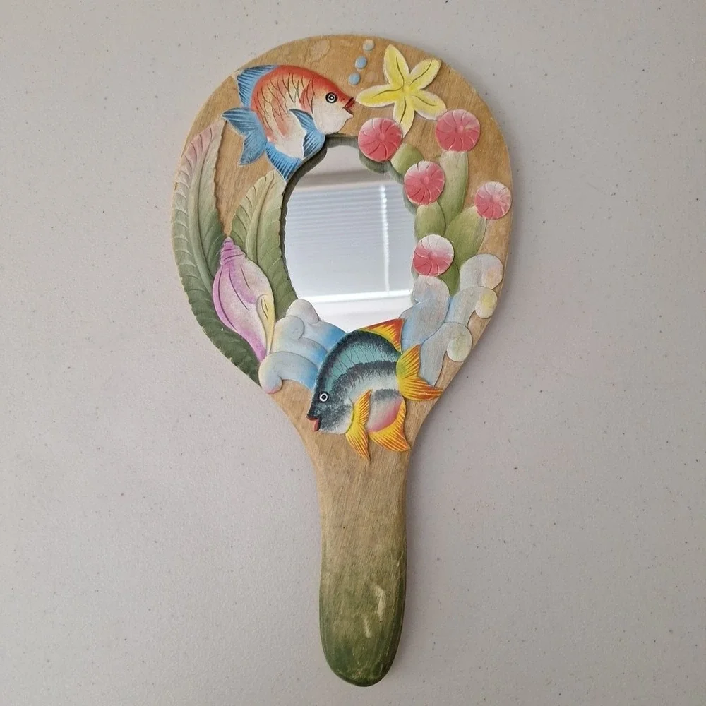 Vtg Tropical Fish Underwater Solid Wood Carved Handheld Mirror INDONESIA 14